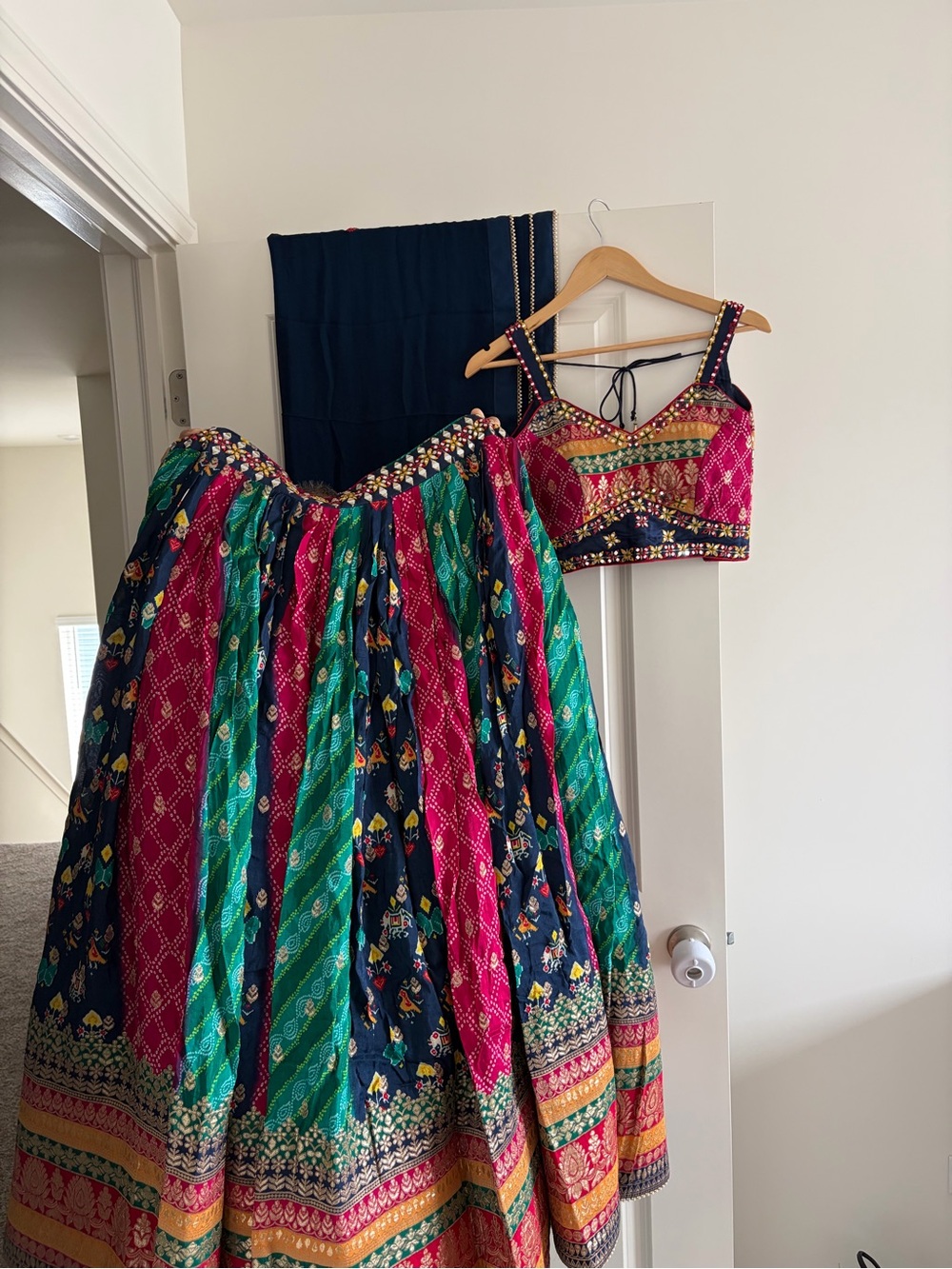 Colorful Indian Lehenga Choli Set - Pink, Green & Navy